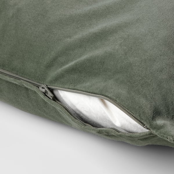 Green cotton velvet cushion cover, hidden zip for easy removal, fits 50x50 cm cushion.
