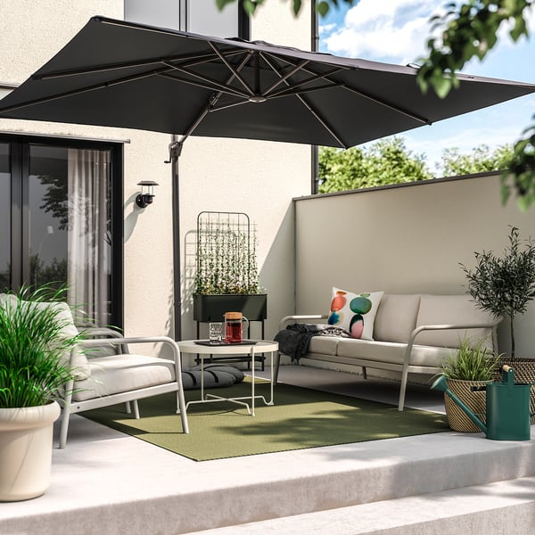 SEGLARÖ / IGGÖN Parasol, hanging with base, anthracite/dark grey, 330x240 cm