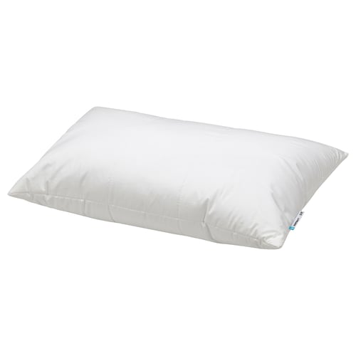 A white SENAPSMOTT pillow with synthetic filling. Its rectangular, offering support for side or back sleepers.