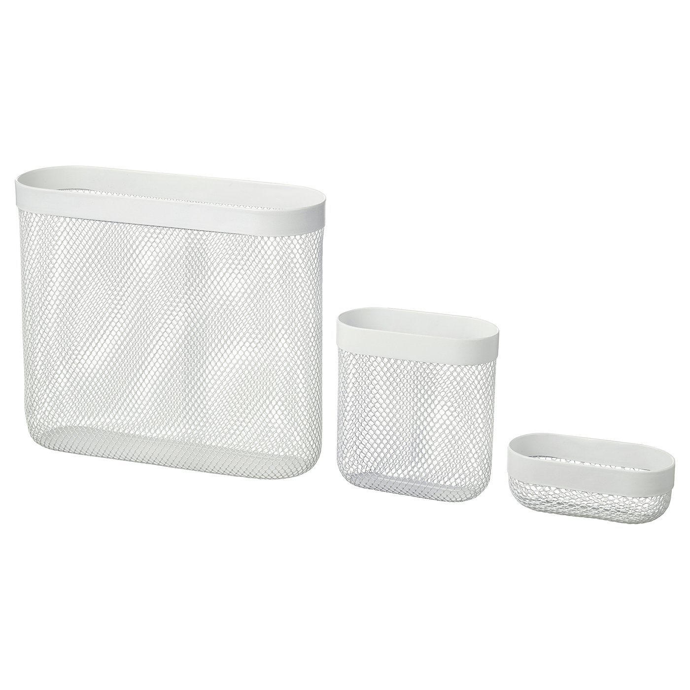 Three white mesh storage bins in varying sizes, rectangular, cylindrical, and oval shapes, designed for organising small items.