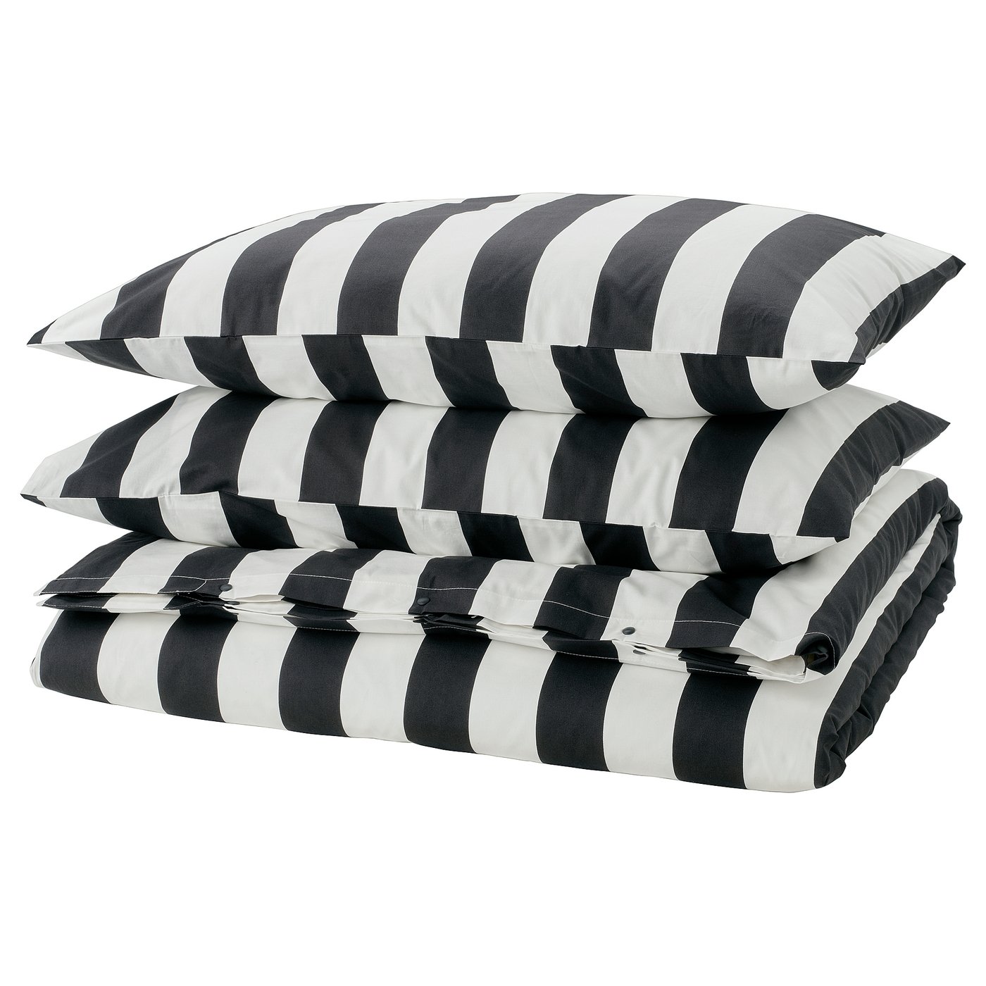 Black and white striped bedding set, rectangular shape, crisp fabric.