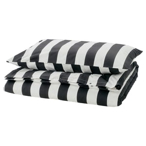 Striped bedding set, black/white, cotton/viscose, rectangular, striped design.