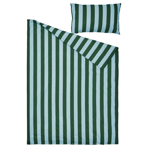 Shows striped blue-green bedding set, including duvet cover and pillowcases.