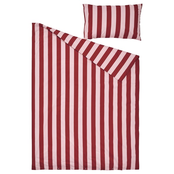 A red/white striped cotton bedding set with duvet cover and pillowcase.