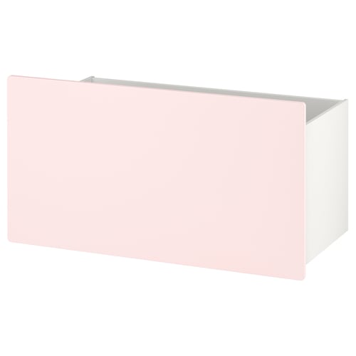A light pink SMÅSTAD storage box on castors, with a sleek and modern design.