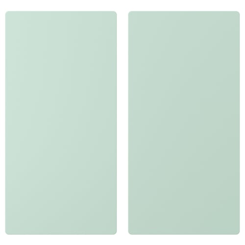 Two pastel green rectangular doors side by side. Each door is flat with rounded edges. Made of fibreboard with acrylic paint.