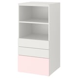 SMÅSTAD / PLATSA Bookcase, white pale pink/with 3 drawers, 60x57x123 cm