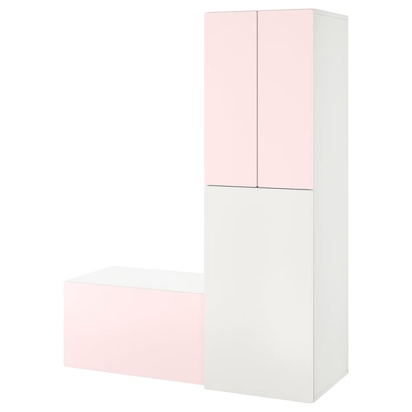 SMÅSTAD Wardrobe with pull-out unit, white pale pink/with storage bench, 150x57x196 cm