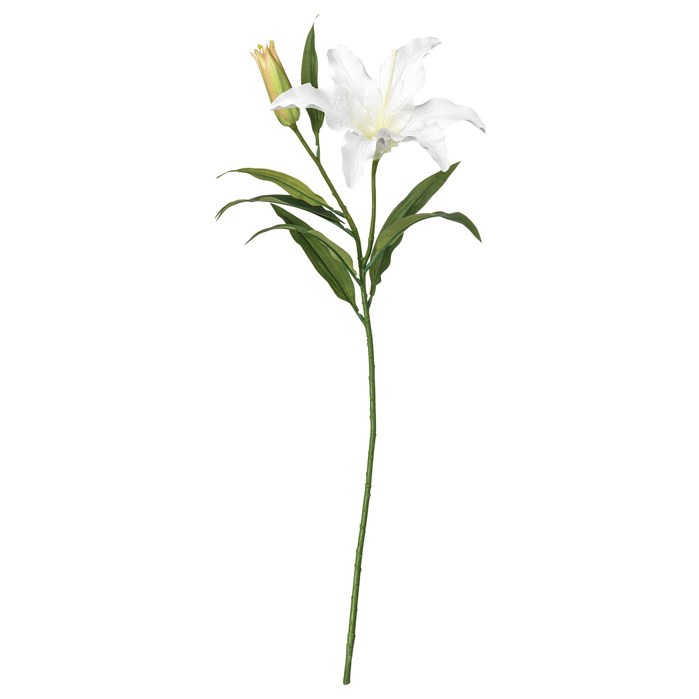 White artificial lily flower with green stem and leaves.