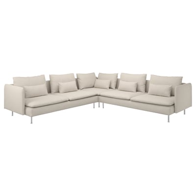 Modern sectional sofa, light beige, angular design, metal legs, deep cushions.