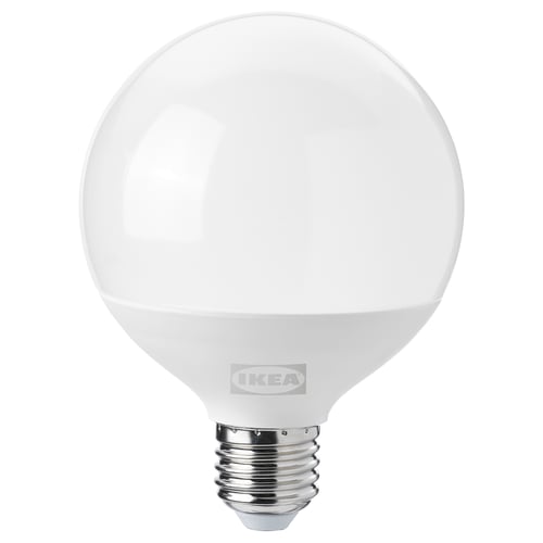 IKEA SOLHETTA warm-white led bulb, round shape, white colour.