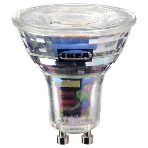 Ikea SOLHETTA led bulb, warm-white, round top, clear plastic.