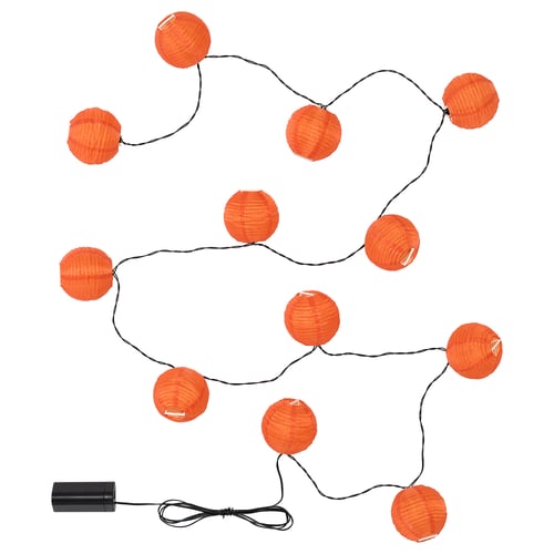 String of 10 orange paper lanterns, powered by a black battery box. Ideal for indoor/outdoor decoration.