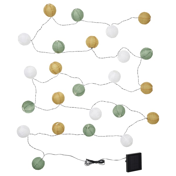 SOLVINDEN string lights, solar-powered, white, green, and brown lanterns, spherical shape, decorative design, perfect for outdoor use.