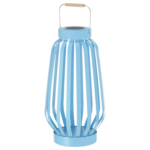 Blue SOLVINDEN solar floor lamp with wood handle.