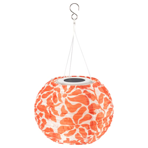 SOLVINDEN solar-powered lamp, orange-white, round, hangable, recycled pet material.