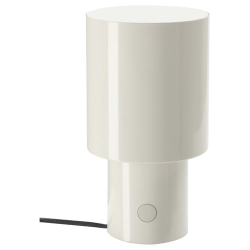 Small white SPETSBOJ lamp, glossy, dims with shade.