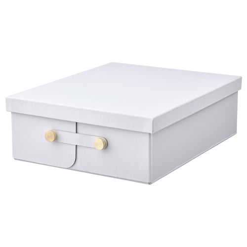 A SPINNROCK storage box in white with a textured surface and gold hardware, designed for organising small items.