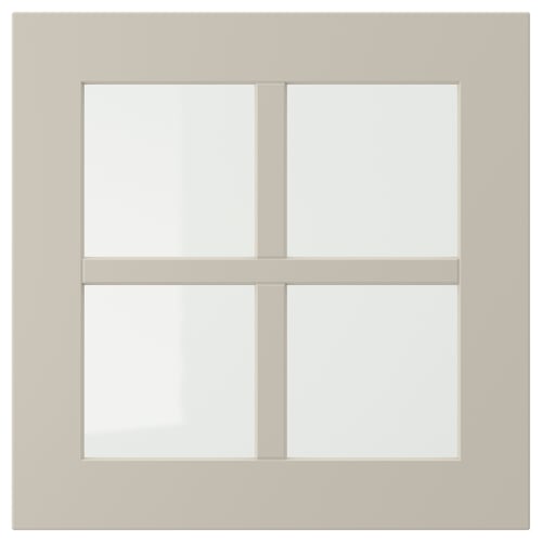STENSUND beige cabinet with glass doors. Square, modern design with clean lines. Made of fibreboard and tempered glass.