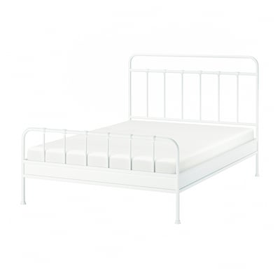 White metal bed frame with high curved head and footboard, modern classic design.