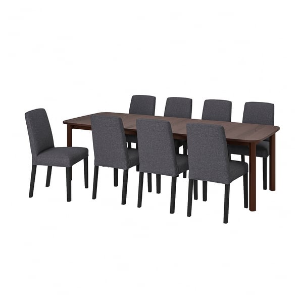 STRANDTORP / BERGMUND Table and 8 chairs, brown/Gunnared medium grey, 150/205/260 cm