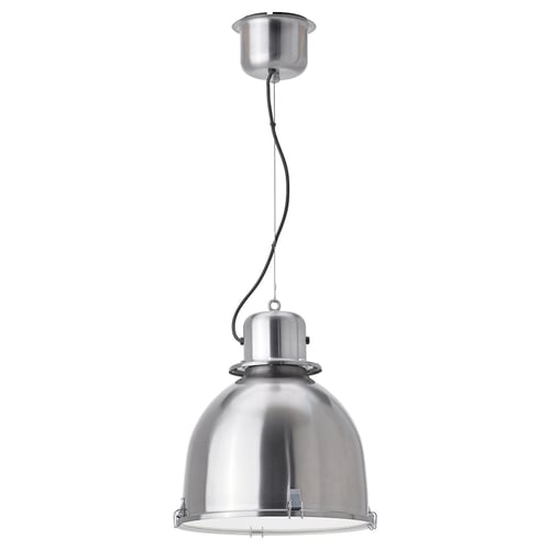 SVARTNORA pendant lamp, metallic silver, dome-shaped with adjustable chain. Modern design inspired by danish street lighting.