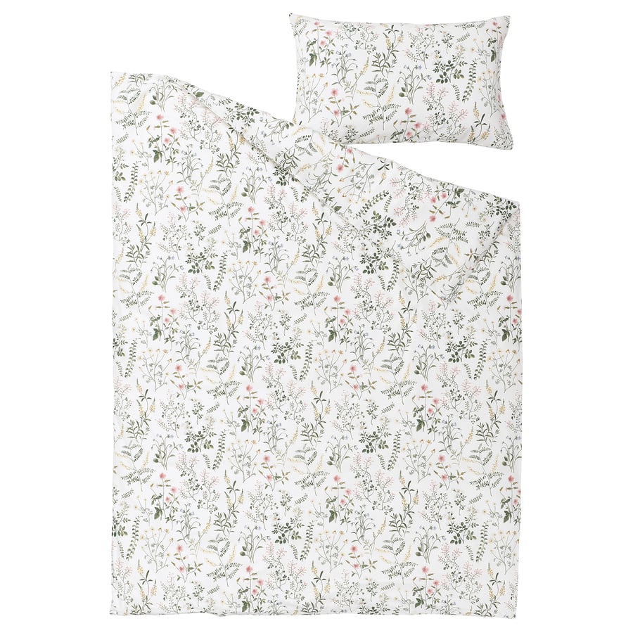 TIMJANSMOTT duvet cover and pillowcase, white/floral pattern, 150x200