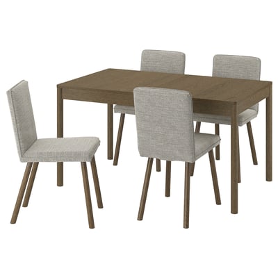 Brown wood TONSTAD dining set with 4 grey fabric chairs.