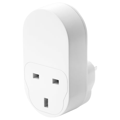 A TRÅDFRI smart power outlet in white, made of polycarbonate plastic. It has a compact, curved design with two slots for plugging in devices.