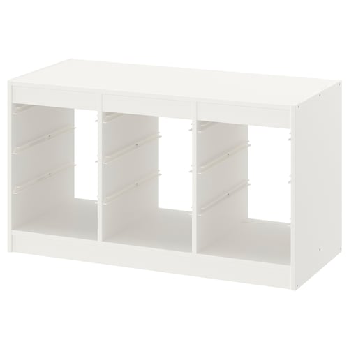 A white TROFAST storage unit, ideal for organising kids toys. Its rectangular, with an open frame design, ready for shelves or boxes.