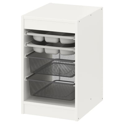 IKEA TROFAST storage cube, white, with mesh and compartment trays for organising items.