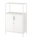 Displays a TROTTEN white metal storage cabinet with a sleek design, featuring lockable doors and adjustable feet.