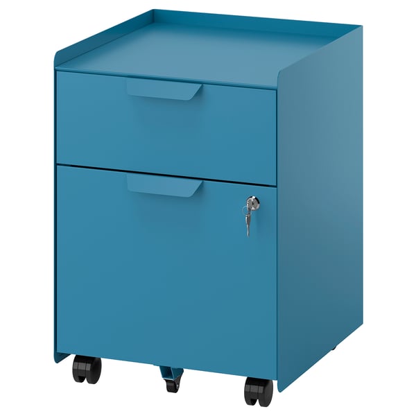 A blue trotton mobile storage unit with two drawers, equipped with wheels and a lock for secure storage.