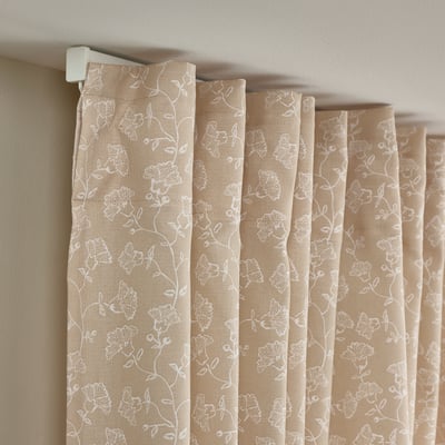 TRYSTÄVMAL Curtains, 1 pair, beige/white/floral pattern with heading tape, 145x300 cm