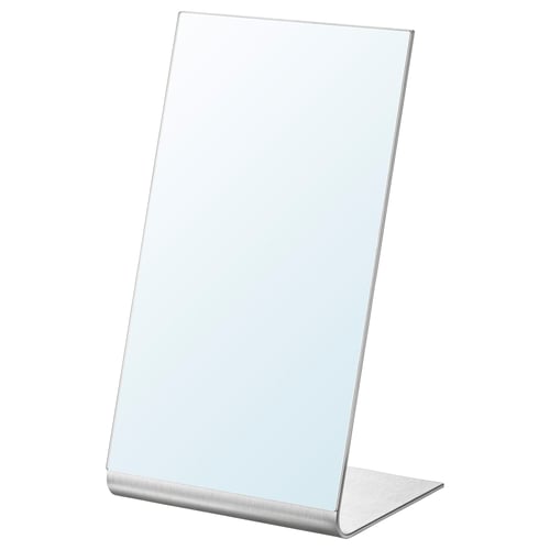 A TYSNES mirror. Its silver, rectangular with a bent design, made of recycled aluminium and glass. Ideal for various rooms, including bathrooms.