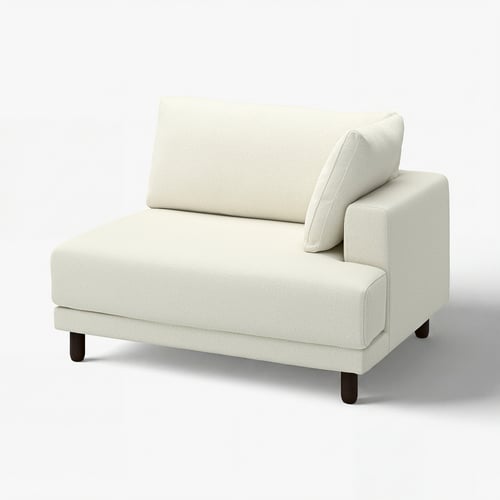 Modern white fabric sofa with dark wooden legs, sleek design, and two cushions.