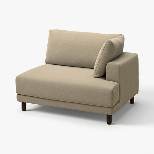 Modern beige sofa, beige fabric, l-shaped with cushions, wooden legs.