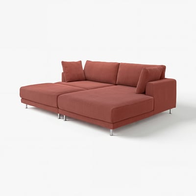 Red UPPÅKRA sectional sofa, modern design with large cushions, raised metal legs.