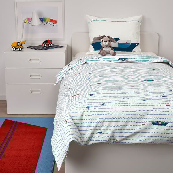 Upptag غطاء لحاف مخدة نقش أمواج مراكب أزرق 150x200 50x80 سم Ikea