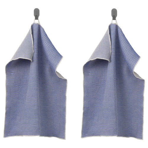 Two blue chequered towels hang evenly on hooks, neatly folded with waffle texture, cotton material.