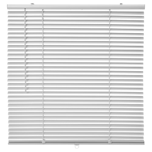 White venetian blinds with horizontal slats and a tilt control wand.