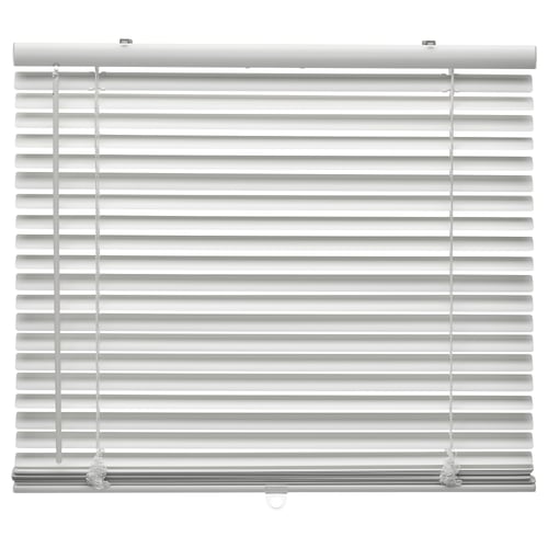 White venetian blinds, featuring 35 mm aluminium slats and robust plastic components, designed for easy light and privacy control.