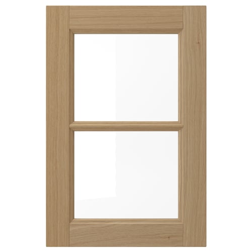 Wooden kitchen cabinet door with glass panel, solid oak frame, lacquered finish