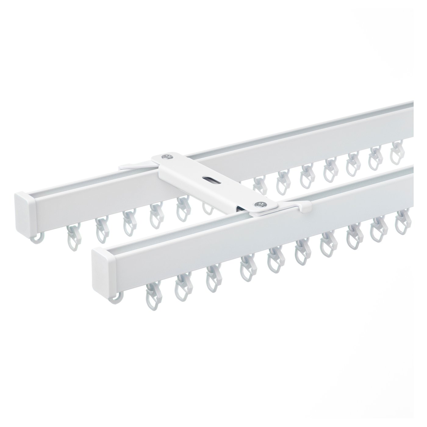 A white VIDGA curtain track system, including rails, brackets, gliders, and hooks, designed for smooth, 2-layer curtain solutions.