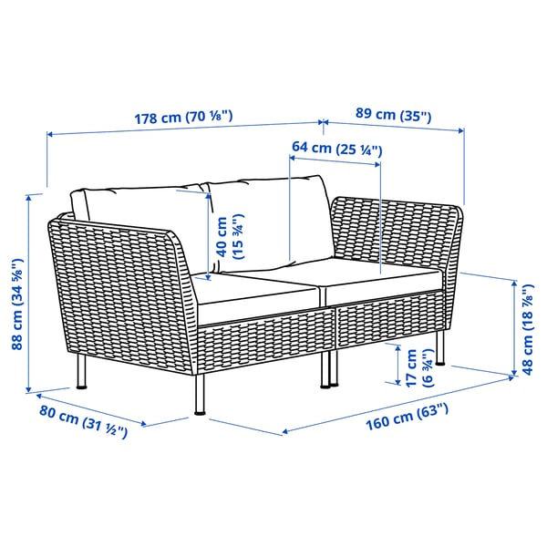 VITTSKÄR 2-seat modular sofa, armrests outdoor/plastic rattan dark grey Frösön/Duvholmen beige