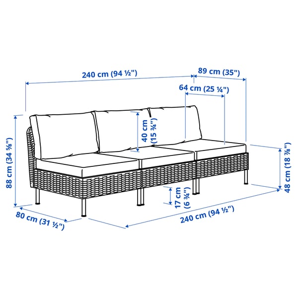 VITTSKÄR 3-seat modular sofa, outdoor plastic rattan dark grey/Frösön/Duvholmen beige