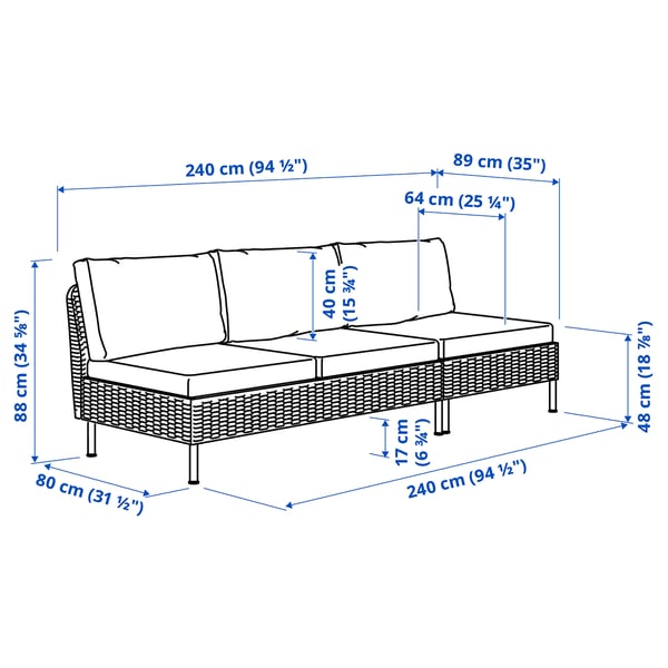 VITTSKÄR 3-seat sofa, outdoor plastic rattan dark grey/Frösön/Duvholmen beige