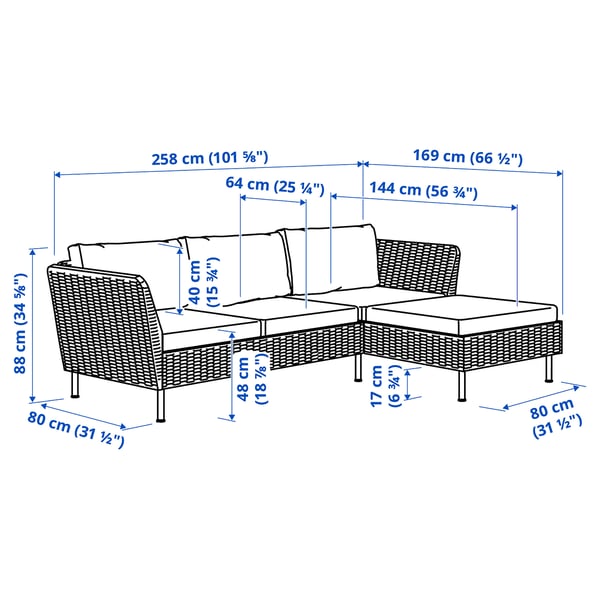 VITTSKÄR 3-seat sofa with chaise longue, armrests outdoor/plastic rattan dark grey Frösön/Duvholmen beige