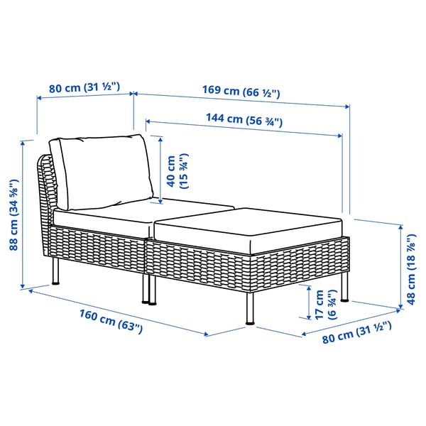 VITTSKÄR Modular chaise longue, outdoor plastic rattan dark grey/Frösön/Duvholmen beige