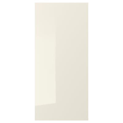 A VOXTORP beige high-gloss cabinet door. Its sleek design with integrated handles and modern, vibrant look makes it both stylish and functional.